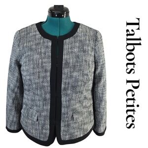 Talbots Petites Tweed Blazer Jacket  Collarless Hook Closure Pockets 10P